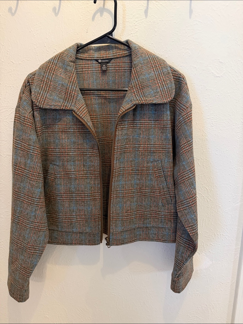 Versona Plaid Zip-Front Blazer Jacket in Brown and Blue